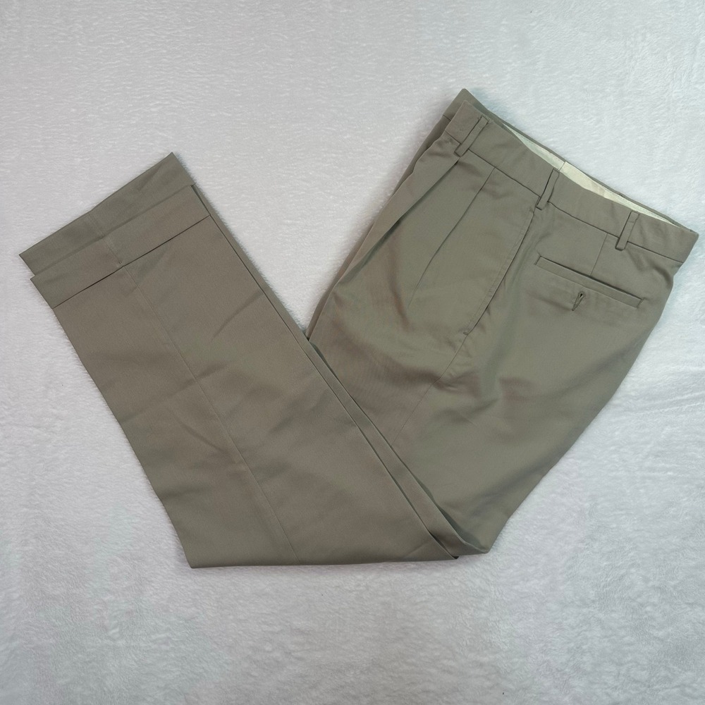 Pleated Dress Pants Mens 32x32 Khaki Tan‎ Cuffed Hem Poly Rayon Blend